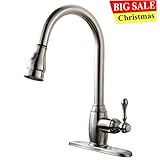 VAPSINT Solid Brass Single Handle Pull Out Sprayer Brushed Nickel Kitchen Sink Faucet, Pull Down Kitchen Faucet With Deck Plate