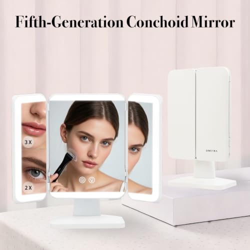 SIMETRA Vanity Mirror with Lighting & Touch Screen, 15.6-inch Rechargeable Trifold Standing Mirrors with 3 Color & Adjustable Brightness, Foldable 3000mAh Cordless Makeup Mirror or Trave,Bedroom,White
