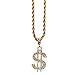 TUOKAY Fake Gold Rope Chain for Men with Dollar Sign Pendant Iced Out Necklace for Rapper, Sparkling Dollar Symbol Gold Chain for Rap Gangsta, 24 inches