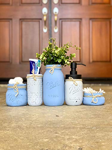 Mason Jar Bathroom Organization Set, 5 Piece Set, Your Choice of Colors, Silk Flowers Optional