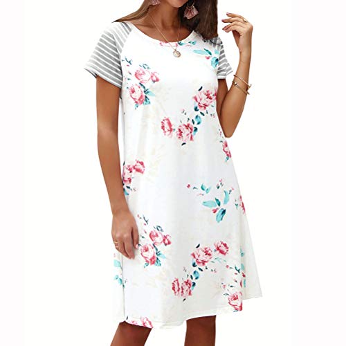 Women Striped Short Sleeve Round Neck Floral Printed A-line Midi Dress White