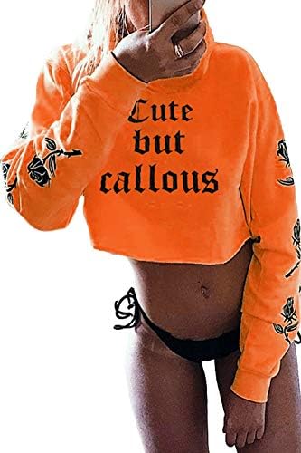 Vosujotis Women Hooded Sweatershirt Letter Long Sleeve Casual Crop Tops