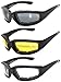 OWL 3 Pairs Black Motorcycle Padded Foam Glasses - Smoke, Yellow, Clear Lenses