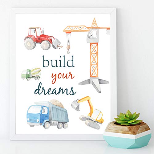 CHDITB Cartoon Car Art Print,Inspirational Phrases Quotes Art Print, Construction Vehicle Airplane Canvas Poster,Set of 4(8" x10" ) Outer Space Painting,Balloon Artworks for Boys Room Playroom Decor