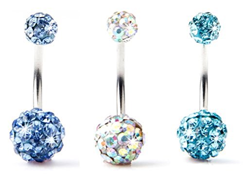 BODYA Lot of 3pc 14G Swarovski Crystal Double Gem Jeweled Belly Button Ring Bling Body Jewelry Piercing Ring 3 Pack (Light Blue+Gold&Multi Color+Turquoise)