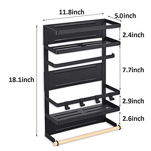 Refrigerator Organizer 4 Tier Magnetic Fridge Spice Rack Paper Towel Holder Multi-purpose Storage Shelf with 5 Hooks, Black