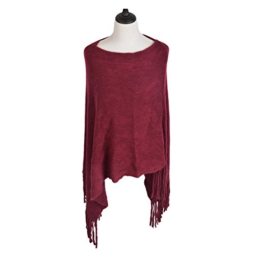 TrendsBlue Premium Solid Color Soft Knit Fringe Winter Poncho Shawl Wrap Cape, Burgundy - Thumbnail 3