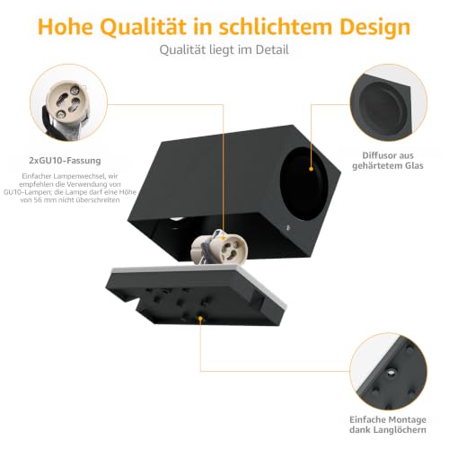 Klighten Pack of 4 Black Wall Light Outdoor Indoor Waterproof IP65 Modern Outdoor Wall Lamp Aluminium Square Outdoor Light Wall Up Down GU10 Socket Outdoor Wall Light without Bulb