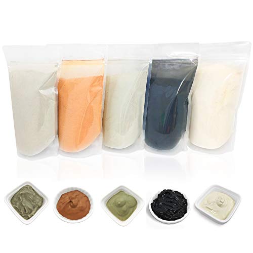 Bentonite (Indian Healing), Moroccan (Red), French (Green), Kaolin (White), Activated Charcoal/Bentonite Clay Powders - 5 multi pak/set for making mud masks for skin, hair, face/facial and body