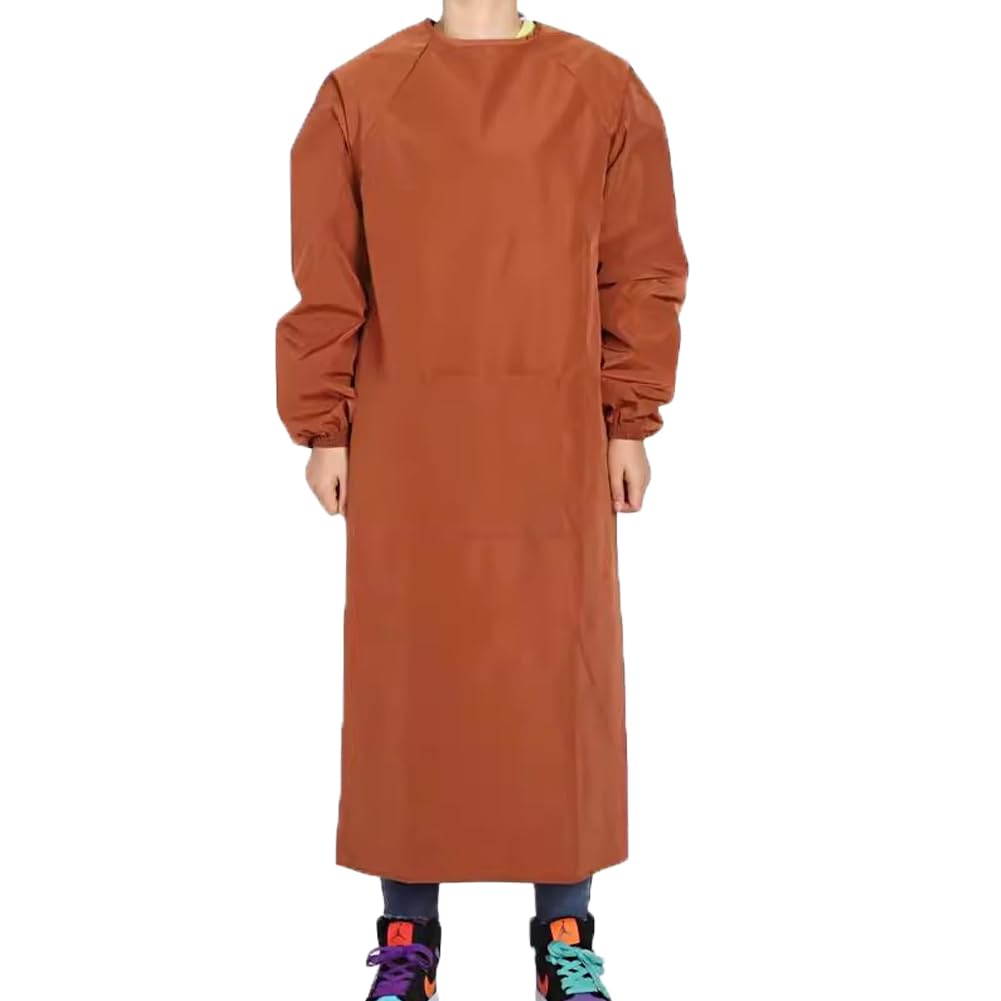 UE STORE Adults Long Sleeve Cooking Kitchen Apron Waterproof Artist Drawing Apron, Light Brown, One size