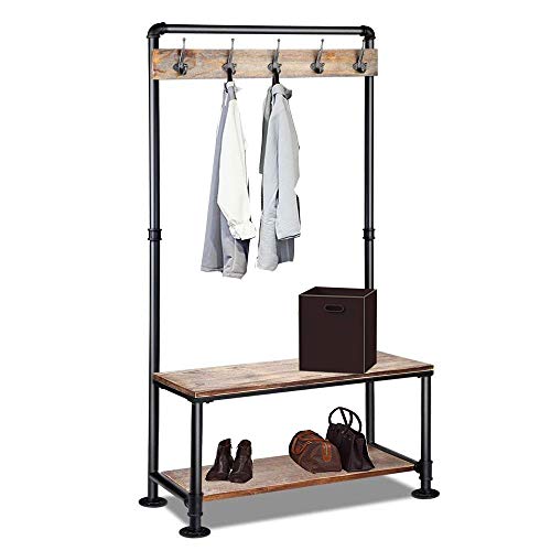 Diwhy Industrial Pipe Clothing Rack Pine Wood Shelving Shoes Rack Cloth Hanger Pipe Shelf Garment Rack with Wheel (Silver)