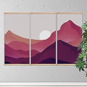 3 Panel Hanging Poster Wooden Framed Sun and Mountain Home Wall Canvas Prints Ready to Hang - 18"x36"x3 Panels