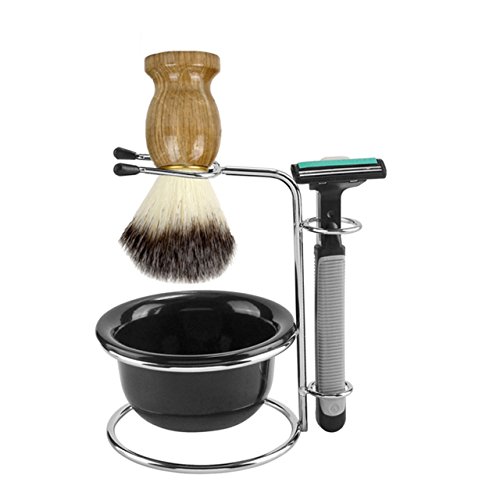 Faleto Stainless Steel Shaving Brush Stand Holder and Soap Bowl Mug Set for Safety Razor Brush