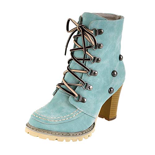 Teresamoon Women‘s Leisure Rivets Shoes Non-Slip Lace-Up High Heel Short Tube Boots (Blue/40) - Thumbnail 4