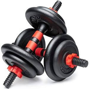 POWRX Dumbbell Set van 2 gietijzeren 15kg / 20kg / 30kg – halterstang, gewichten en stersloten gekarteld 25mm zwart rood…