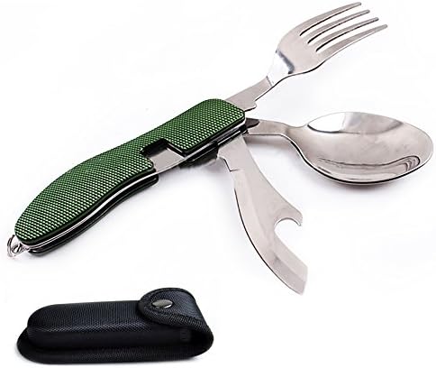 Camping Utensil Stainless Steel Fork Knife Spoon Bottle Opener Set - Folding and Detachable Camping Flatware Tableware with Aluminum Handle
