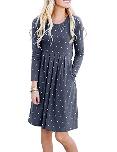 Damissly Women's Polka Dot Tunic Dresses Long Sleeve Pleated Midi Dress Casual Swing Empire Waist Knee Length with Pockets, Gray XL