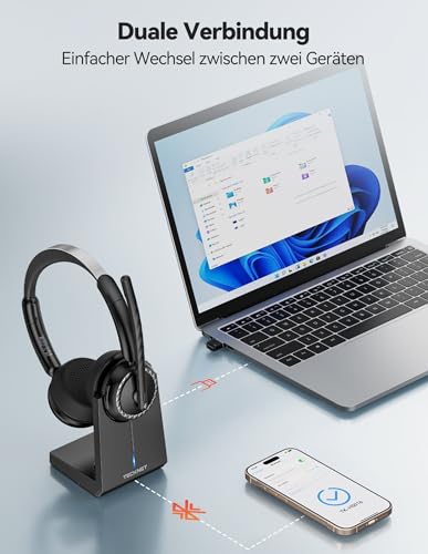 TECKNET V5.3 Bluetooth Headset with Microphone, Wireless Headset with AI Noise Cancelling Microphone, Charging Station, USB Dongle, 55+ Hours Battery, Rechargeable On-Ear Headphones for Office, Home, Call Centre