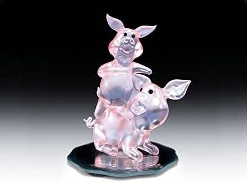 Art Glass 2 Pigs on Flower Shaped Mirror Base Decorative Glass Figurine 3.5"