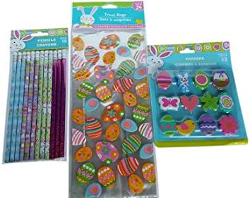 Easter Themed Holiday 3 Item Bundle Pack includes (12) Pencils (12) Erasers and (25) Treat Bags with Twist Ties