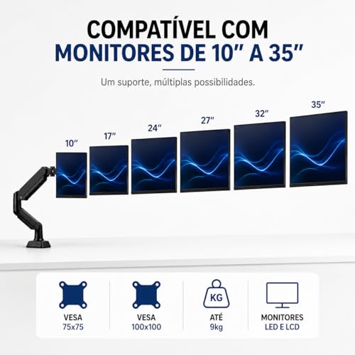 Suporte Articulado para Monitor com Pistão a Gás 10" a 35" | Braço Ergonômico de Mesa com Morsa | Ajuste de Altura, Inclinação 90° e Rotação 360° | VESA 75x75 e 100x100 | Suporta até 9kg