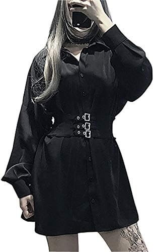 ワンピース オンライン限定商品 レディース シャツワンピース ゴスロリ 黒 長袖 V系 ブラック ベルト ゴム