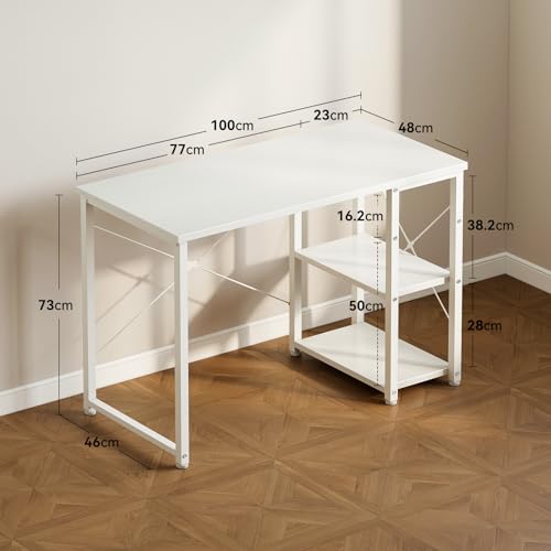 ODK Desk with Storage, 100 x 48 cm Computer Desk with Height-Adjustable and Reversible Shelf, Stable Computer Table for Telework Gaming Students, White