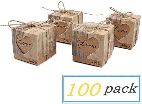 Alikeke 100pcs Candy Favor Boxes Vintage Kraft Bonbonniere + 100pcs Burlap Twine, Love Heart Imitation Bark Gift Bag Wedding Party Birthday Baby Shower Decoration