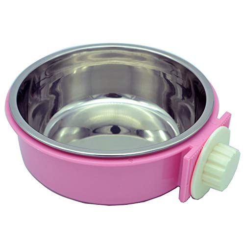 RUBYHOME Dog Bowl Feeder Pet Puppy Food Water Bowl, 2-in-1 Plastic Bowl & Stainless Steel Bowl, Removable Hanging Cat Rabbit Bird Food Basin Dish Perfect for Crates & Cages, Pink