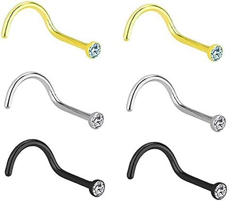 Nicever 20G Stainless Steel 2mm Crystal Gem Curved Nose Stud Ring Piercing Nose Screw 12 Pieces (Assorted Metal Color)
