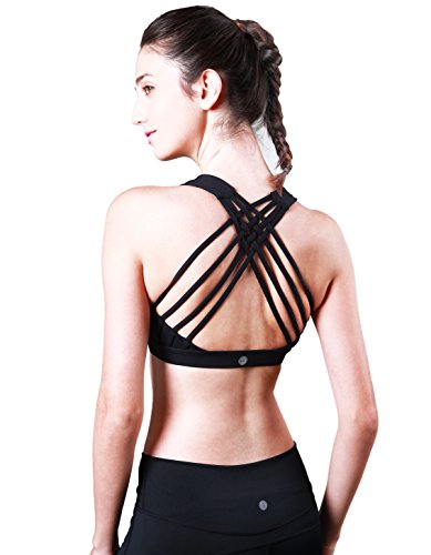 Queenie Ke Women's Medium Support Strappy Back Energy Sport Bra Cotton Feel Size M Color Black Pro