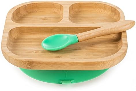 Baby Toddler Stay Put Dish, Kids Suction Plate, Bamboo Cute Dinnerware (Green)