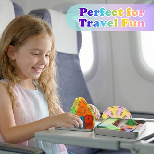 Euakee Magnetic Tiles, Travel Magnetic Building Blocks Set, Mini Magnetic Tiles, Building Toys with Iron Box for Boys and Girls, Montessori Toy (B)