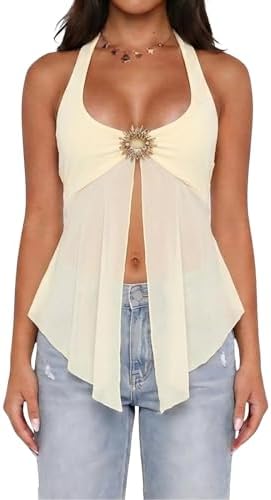 Women Sheer Mesh Halter Top Y2k Lace Split Front Sleeveless