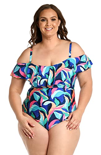 La Blanca Womens Off Shoulder Ruffle One Piece Swimsuit, Multi//Painted Leaves