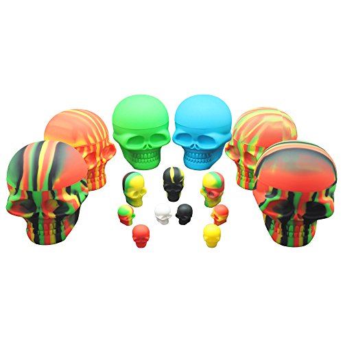 YHSWE Non-stick Silicone Dab Container Food Grade Wax Jar Combo for 3 Sizes Skull Shape Box 3ml/15ml/500ml each 1 and 1 Holder Multi Color