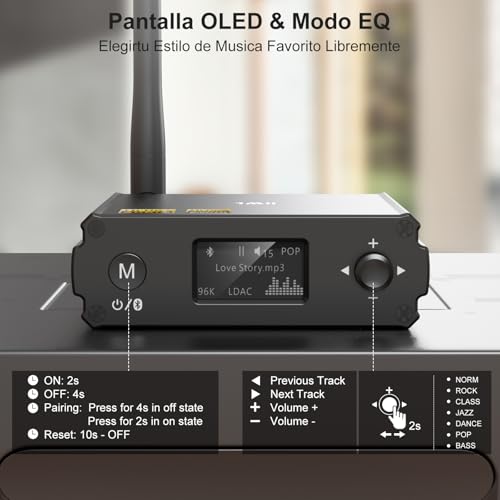 1Mii DS220 Receptor Bluetooth 5.3 con LDAC, Adaptador de Audio Hi-Res, DAC Audiófilo, aptX HD/Baja Latencia, 10m Largo Alcance, con Salida Óptica/RCA, Entrada USB, Modo EQ Pantalla OLED para Estéreo