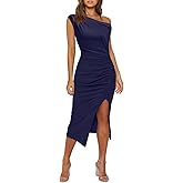 OWIN Women's Sexy Elegant Off Shoulder Sleeveless Side Slit Ruched Bodycon Wedding Guest Cocktail Party Midi Dress
