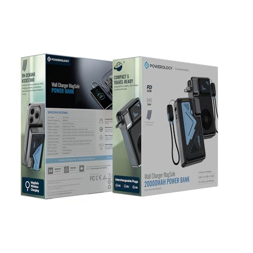 Powerology 20000mAh Multiplug Hybrid Charger & Power Bank, 35W PD Fast Charging Adapter, 15W Magnetic Wireless Charger with Built-In Cables, Lanyard Type-C & Kickstand (Black)
