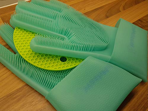 WashMe Magic Silicone Gloves with Wash Scrubber, 1 Pair of Cleaning Gloves for Dishwashing, Pet Bathing, Bathroom and Car Cleaning, Reusable and Heat Resistant Gloves (13.8 inches, XL) (Green) - Thumbnail 7