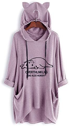 Womens Pajamas Outfits, Casual Cat Printed Outwear Hooded Tunic Loose Pocket Tops