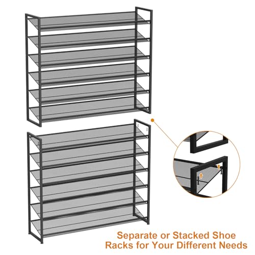 Large Shoe Rack 12 Tier Shoe Organizer, Heavy Duty Metal 6-Tier Stackable Shoe Storage Vertical Shoe Rack for Closet Front Door Entrance, Up to 75 Pairs, 44.8" W x 11.4" D x 85.1" H, Black