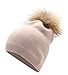 Women's Winter Warm Double-Deck Cashmere Wool Blend Real Fur Pom Pom Slouchy Knit Beanie Cap Ski Hat