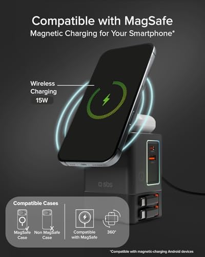 SBS Power Dock 6in1 100W USB-C, Wireless Charging 15W, Compatible with MagSafe, Power Delivery (PD 3.0 PPS), Charging Station with 2 Retractable Cables, Adapter for Laptop, iPhone, AirPods, Black | Power Delivery (PD 3.0 PPS) Charging Station with 2 Retractable Cables Adapter for Computer, iPhone, Black