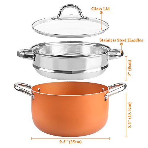 SHINEURI 6 Quart Stockpot with Lid, Nonstick Copper Casserole Pot with Stainless Steel Steamer Inset, Compatible for Induction, Gas, Electric & Stovetops - Dishwasher Safe, PFOA/PTFE Free