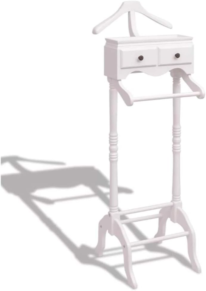 ZAMAX Pinewood Clothes Valet Stand Cabinet with Two Drawers, Men's Clothing Rack Standing with Cabinet with Hanging Rail and Clothes Hanger, White