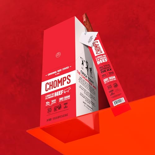 CHOMPS GRASS-FED AND FINISHED ORIGINAL BEEF JERKY SNACK STICKS 10-PACK – KETO, PALEO, WHOLE30, 10G LEAN MEAT PROTEIN, GLUTEN-FREE, ZERO SUGAR FOOD, NON-GMO