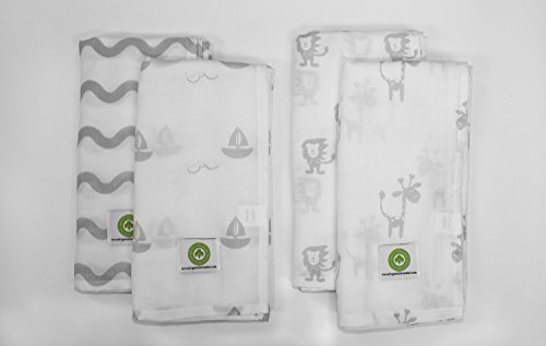 Organic Cotton Swaddle Blankets Muslin Large - Premium Safari Collection Swaddle Blankets with Animal Prints - Unisex Muslin Swaddle Blankets - Organic Baby Blankets - 4 Pack - (Gray Collection)