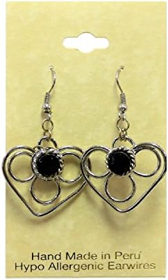 Peruvian Hand Crafted Stone Earrings - Metal Drop Dangle - Pendants: 1 - 1.5" (1 Black Heart)
