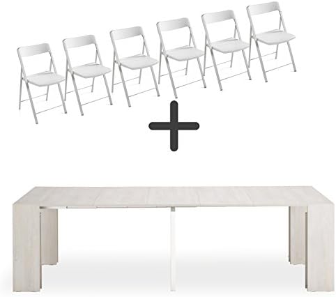ARREDinITALY 90 x 45 cm Set of 6 Folding Chairs + Console 3 m for Events – Shabby White – Extendable Table 12 Seater Convertible, Quality product Made in Italy Sedie Bianco